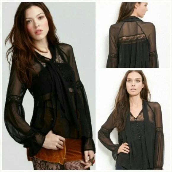 10. Free People Black Sheer Peasant Neck Tie Blouse S - Picture 3 of 8